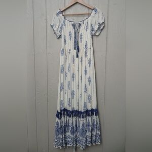 Anthropologie Me 2 Magic Blue White Embriodered Boho Maxi Dress Large